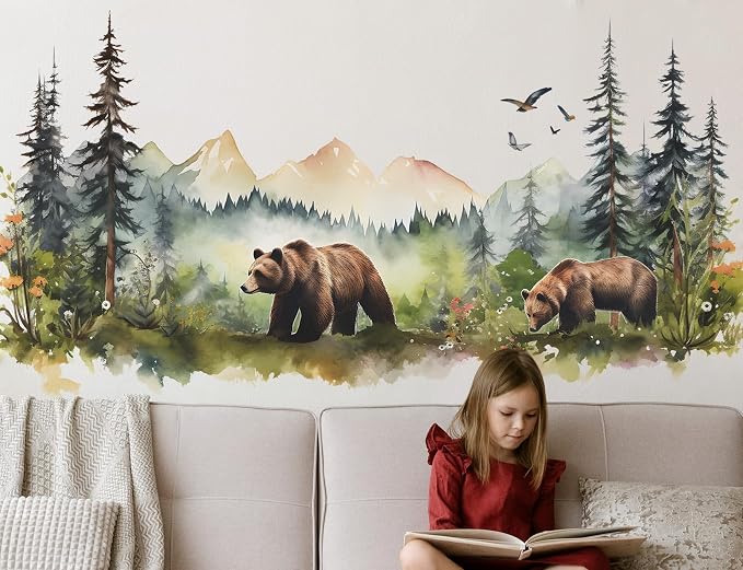 Large Jungle Animals Wall Decals Forest Tree Wall Decal Peel and Stick Woodland Bear Fox Deer Wall Stickers Giant Mountain Art for Bedroom Nursery Room FX-C432 - Image 5