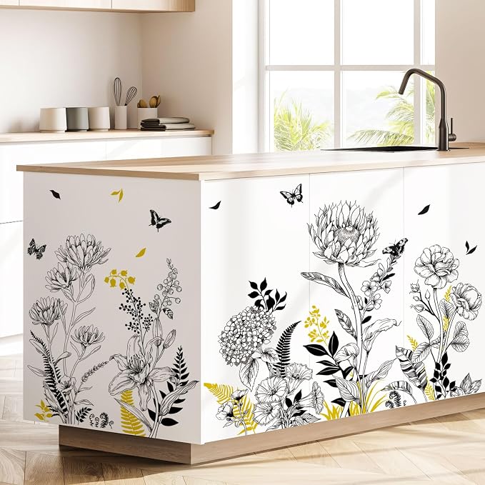 Black Yellow Flower Wall Decals, 3 Sheets Sketch Garden Floral Wall Stickers Simple Line Wildflower Grass Butterflies Art Decor Bedroom Bathroom Hallway Sofa Gifts for Mom(11.8x35.4 in/Sheet) - Image 5