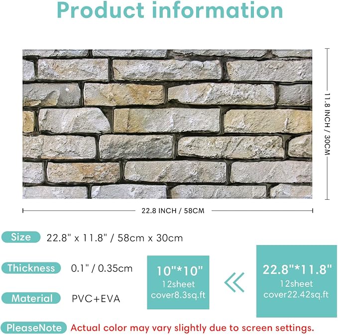 Commomy Peel and Stick Faux Stone 3D Wall Panels 12 pcs of 22.8" x 11.8" | Thin & UrltraLight PVC Printable Brick Wall Panels for Bedroom,Living Room,TV Background (Covers 22.48 sq.ft) - Image 6
