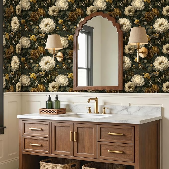 CRE8TIVE Peony Rose Floral Wallpaper Peel and Stick for Bathroom 12"x354" | Non‑Woven Dark Moss Green Contact Paper Waterproof Self Adhesive Bird Botanical Wallpaper Mural for Bedroom Walls Dressers - Image 4