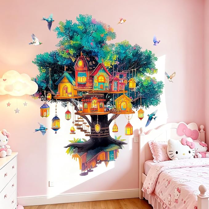 Magical Tree House Village Wall Decals Lanterns Birds Kids Nursery Decor | Peel and Stick Branches Wall Stickers & Murals, Removable Vinyl Home Decor Art for Bedroom Living Room Classroom Office - Image 4