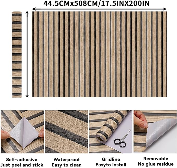 Brown Wood Slat Peel and Stick Wallpaper - 17.5"x200" Textured Faux Wood Self-Adhesive, Waterproof Removable Wall Panel for Bedroom, Kitchen, Accent Wall - Easy Install - Image 2