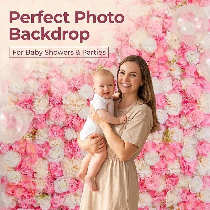 Artificial Flower Wall, 12 Panels, 16.5x16.5, Pink White Rose | 3D design, realistic look, Seamless Design,eco-friendly,easy to assemble,reusable,.Suitable for weddings,Party,Backdrop Decor - Image 5