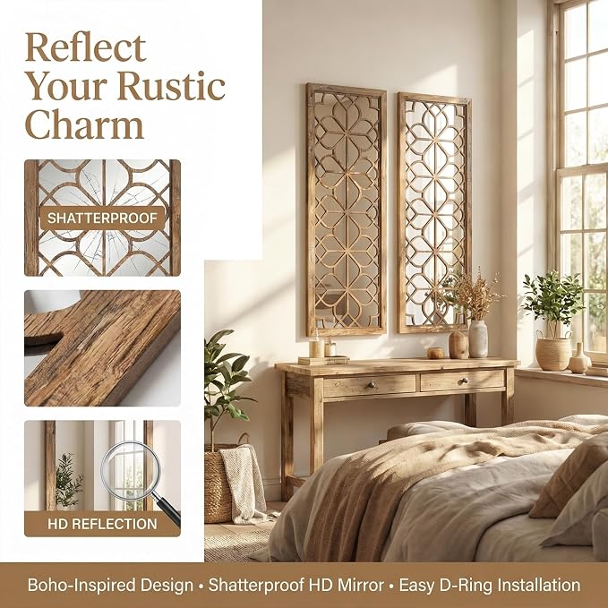 Set of 2 16x41.5 Inch Large Carved Floral Wood Frame Wall Mirrors, Shatterproof Boho Farmhouse Rustic Accent Mirrors for Living Room, Bedroom, Bathroom, Entryway & Home Wall Decor，Maroon - Image 4