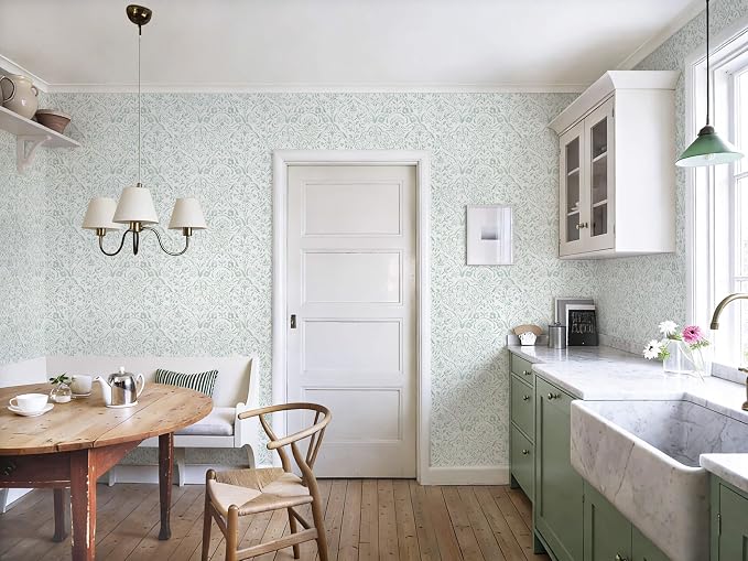 Dimoon Boho Peel and Stick Wallpaper Soft Sage Green Contact Paper French Floral Wall Paper 362''x17.3'' Textured Self Adhesive Watercolor Damask Stick On Wallpaper for Bedroom Bathroom Decor Vinyl - Image 6