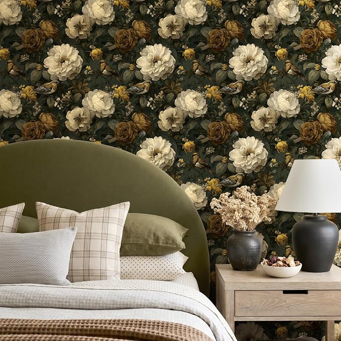 CRE8TIVE Peony Rose Floral Wallpaper Peel and Stick for Bathroom 12"x354" | Non‑Woven Dark Moss Green Contact Paper Waterproof Self Adhesive Bird Botanical Wallpaper Mural for Bedroom Walls Dressers - Image 5