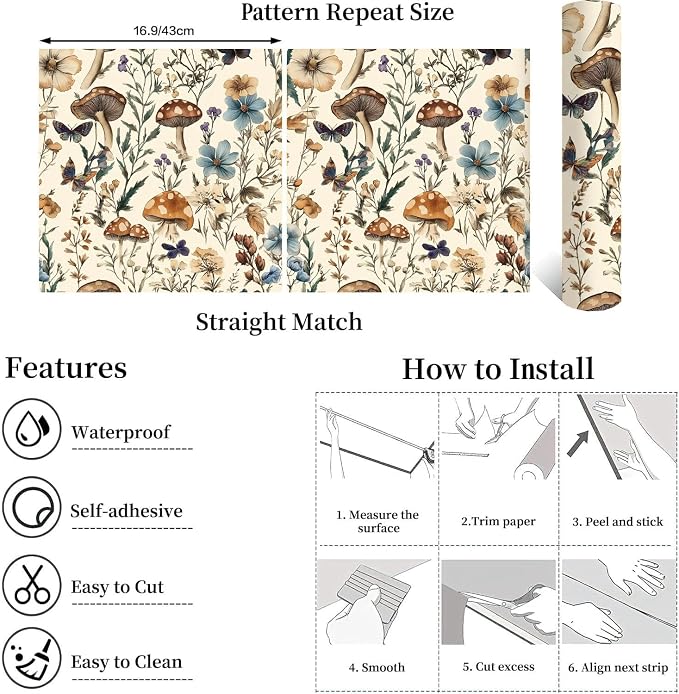 Froluya Mushroom Wallpaper Peel and Stick Vintage Floral 16.9" x 196.8" | Boho Floral Contact Paper Peel and Stick Mushroom Forest Self Adhesive Removable Wall Paper for Bathroom Cabinets Liner Vinyl - Image 5