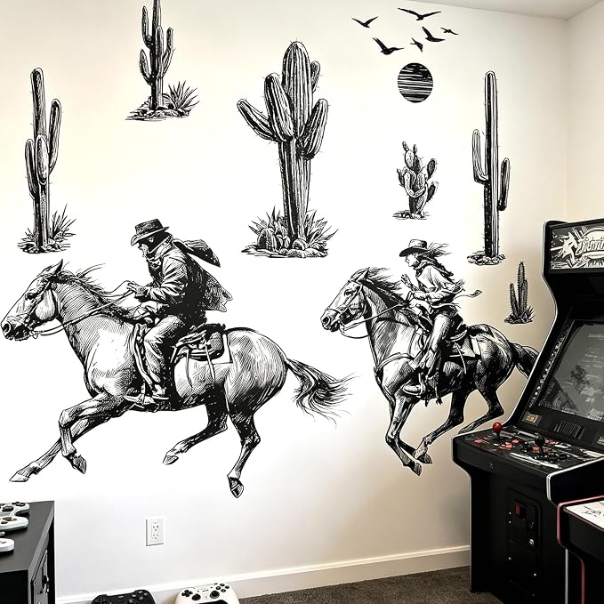 Vintage Western Cowboy Cactus Wall Decals, Black Sketch Desert Wall Sticker | Saguaro cactus peel and stick wall decor, removable vinyl wall art mural for bedroom farmhouse entryway home decoration - Image 5
