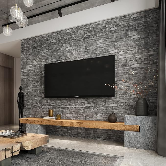 10PCS 3D Wall Panels Peel and Stick Foam 3D Brick Wallpaper Peel and Stick Black Faux Stone Wall Panel Self-Adhesive Wallpaper (10PCS, Black) - Image 2