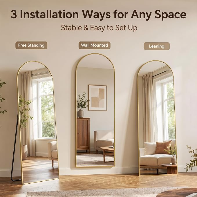 Antok Full Length Mirror, 78"x38" Floor Mirror with Stand, Gold, Arched - Image 5