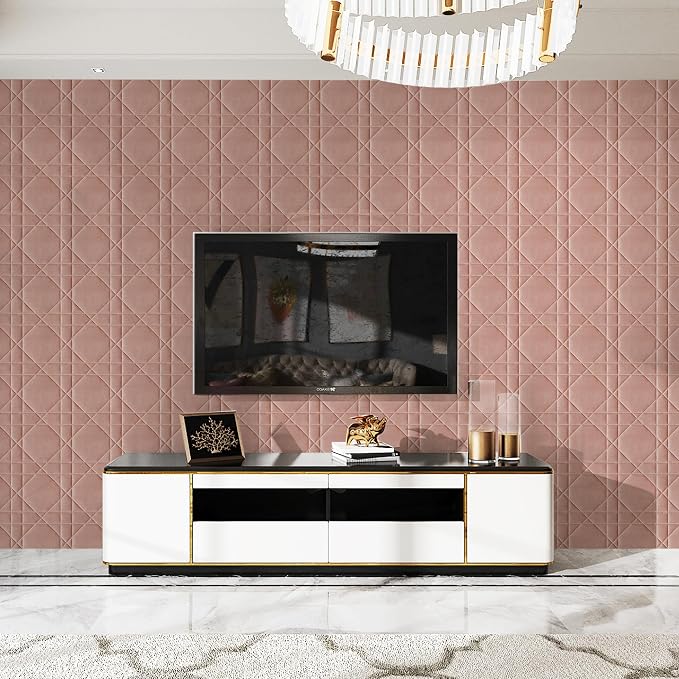 Velvet 3d wall panels for Interior wall Decor peel and stick, Soundproof Geometric Textured 3d Wall Panels for Living Room, Bedroom, TV Background Pink 17.7" x 17.7", Covers 26.15 Sq.Ft 12pcs - Image 7