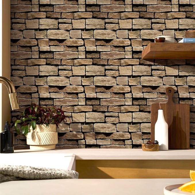 3D Faux Stone Wall Panels Peel and Stick, Designed for Quick DIY | Yellowish Brown, 10 Pcs 11.8" x 11.8", Stone-Look, Light PVC Fake Stone Covering Tiles for Wall Renovation, Cover 9.7 sq ft - Image 2