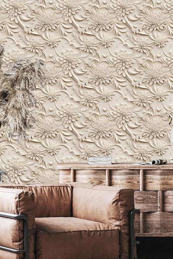 Peel and Stick Wallpaper Light Brown Scroll Floral Feature - Image 3