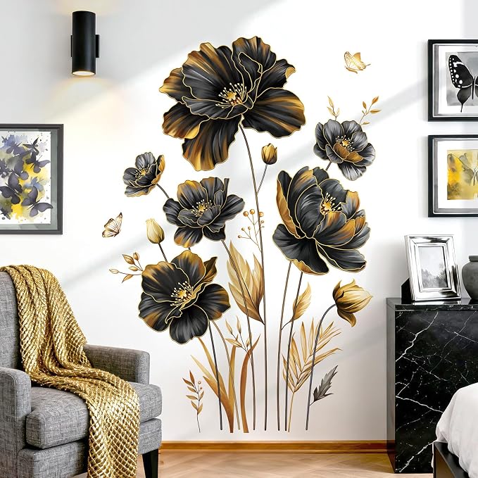 decalmile Black Gold Flower Leaves Plants Floral Wall Decals Stickers by decalmile