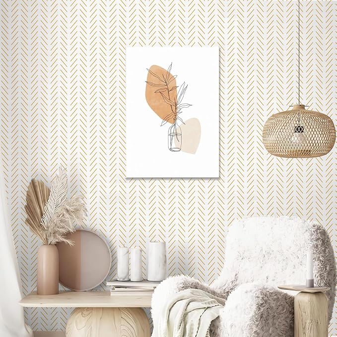 Erfoni Yellow White Peel and Stick Wallpaper Modern Herringbone Wallpaper | 17.7in x 196.8in Geometric Removable Contact Paper Bathroom Peel and Stick Self Adhesive Cabinets Wallpaper Waterproof - Image 5
