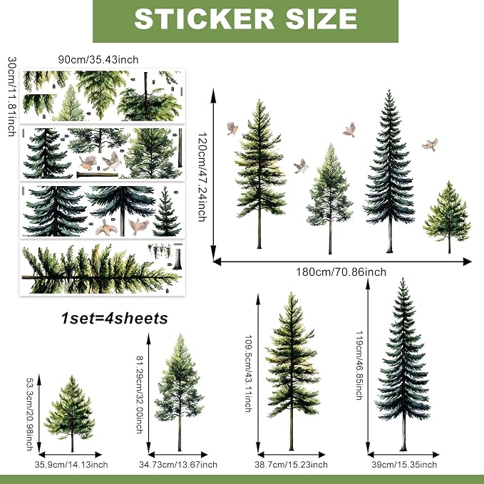 Lilac 46" Large Green Pine Tree Wall Decal 4 Sheets Peel and Stick Decor | Trees Birds Wall Stickers Self-adhesive Clings for Living Room Bedroom Classroom Nursery (Green Pine, 11.8 * 35.4inch) - Image 5