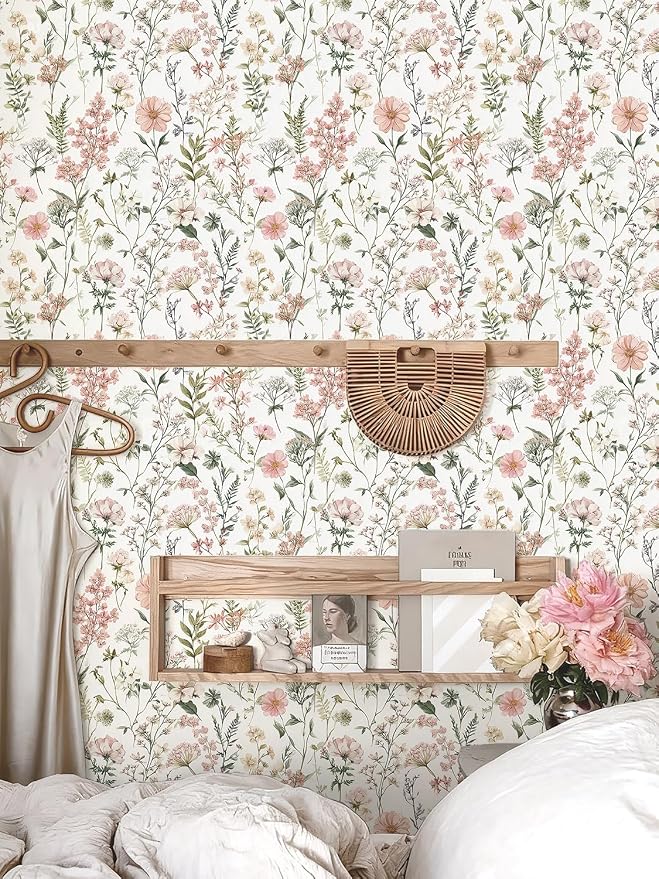 Orainege Pink Floral Peel and Stick Wallpaper Self Adhesive Wallpaper | 17.3inx393.7in Modern Wallpapers for Bedroom Bathroom Green Leaf Contact Paper for Cabinets Removable - Image 5