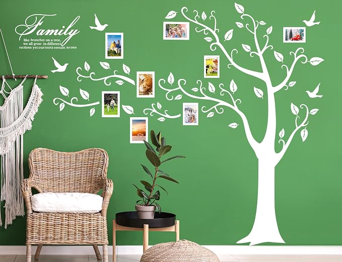 Large Family Photo Tree Wall Sticker 3D Peel and Stick Vinyl Photo Frame Tree Wall Decals Removable Quotes Leaf and Birds Wall Decor for Home Kids Bedroom Living Room Classroom Nursery L White by AMAMAONM