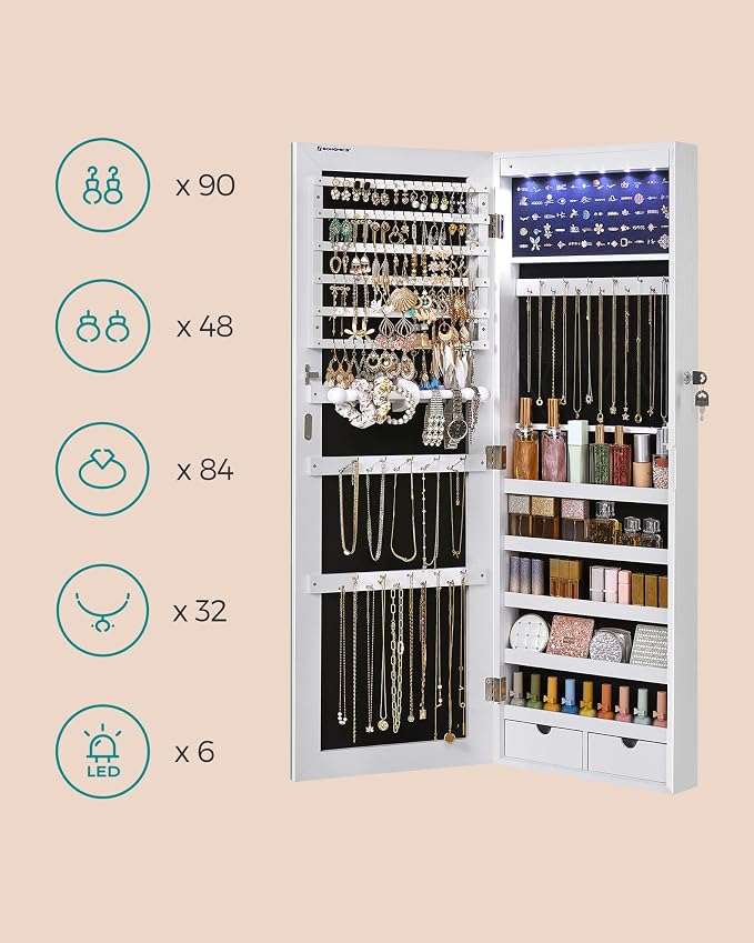 SONGMICS Mirror Jewelry Cabinet Armoire, Wall or Door Mounted, Lockable - Image 8