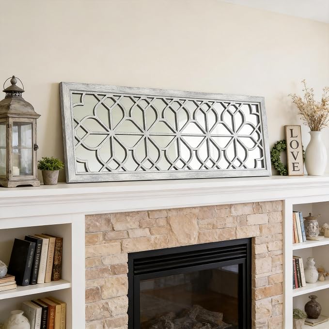 Set of 2 16x41.5 Inch Large Carved Floral Wood Frame Wall Mirrors, Shatterproof Boho Farmhouse Rustic Accent Mirrors for Living Room, Bedroom, Bathroom, Entryway & Home Wall Decor (Gray) - Image 3