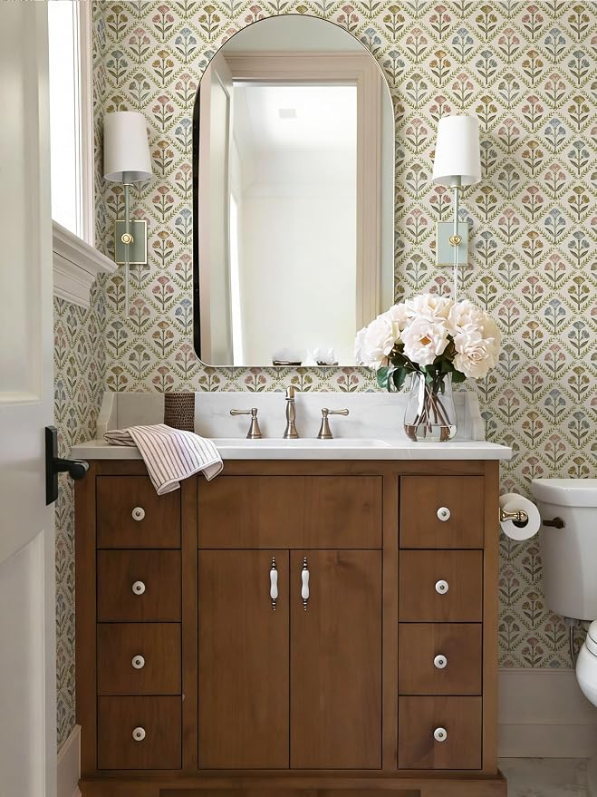 Dimoon Vintage Peel and Stick Wallpaper Retro Botanical Contact Paper Farmhouse Wallpaper Cottage Renter Friendly Removable Geometric Wall Paper for Bathroom Kitchen Textured Vinyl 17.3''x197'' - Image 6