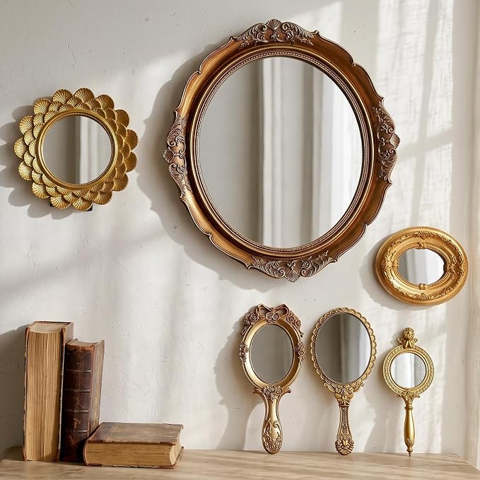 Kathfly 6 Pack Vintage Gold Mirror for Wall Gold Antique Wall Hanging Mirrors for Bedroom Decorative Resin Frame Baroque Style Assorted Sizes Tabletop Tray for Gallery Home Living Room Decor(Mixed) by Kathfly