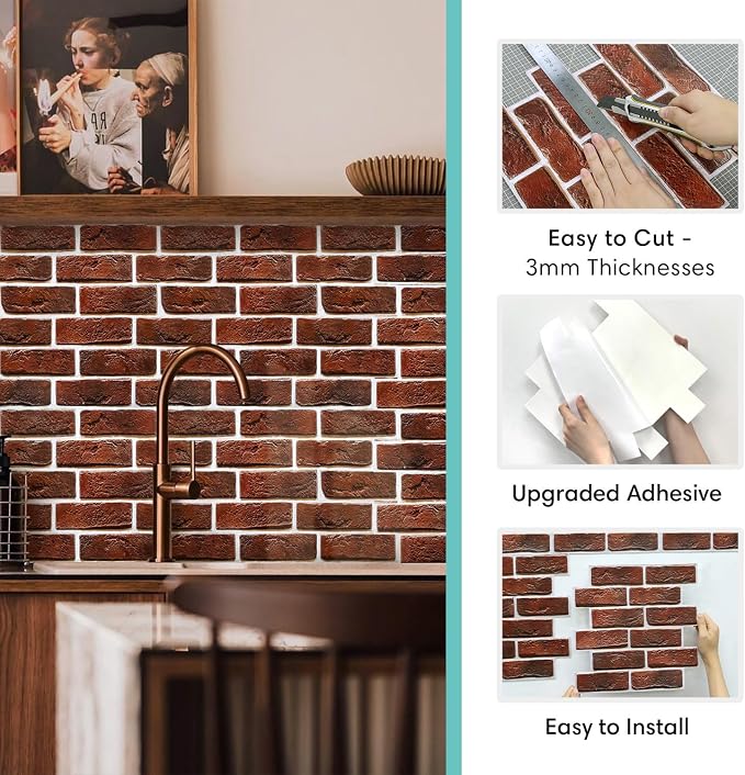 Commomy Faux Brick Wall Panels Peel and Stick Thin PVC 10 Pcs 11.8" x 11.8" | Small Size Thin PVC Quick Wall Covering Home Decor for Kitchen,Fireplace,Home Office (Covers 9.7 sq.ft) - Image 5