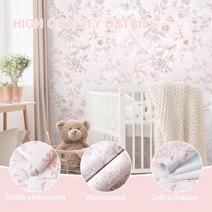 Dimoon Peel and Stick Wallpaper Pink Floral Contact Paper Pink Vintage French Renter Friendly Wallpaper 17.3''x236'' Textured Stick on Wall Paper for Bathroom Bedroom Cabinets Removable Vinyl Roll - Image 3