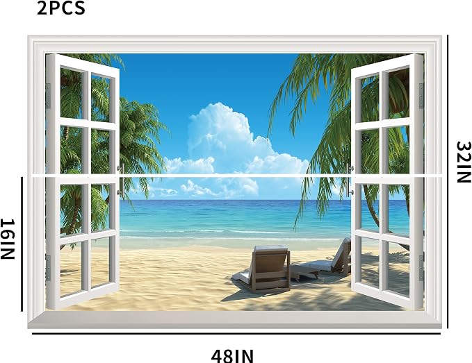 FLFK Fake Window Wall Sticker - Summer Beach Faux Window Wall Mural for Wall Decor, Stick and Peel Wall Decals,48"x32",Set of 2 Sheets - Image 4