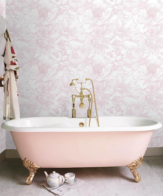 Ismoon Large Floral Peel and Stick Wallpaper Boho White/Pink Contact Paper 17.3inx16.3ft Removable Self Adhesive Bedroom Cabinet Mural Wall Decor Vinyl Roll - Image 2