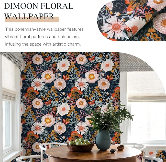 Dimoon 394"x17.3" Pink Orange Vibrant Floral Contact Paper Peel and Stick Wallpaper Boho Contact Paper Wallpaper - Image 4