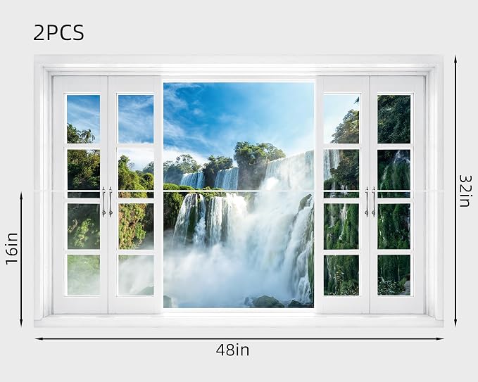 FLFK Fake Window Wall Mural - Nature Scene Waterfall Peel and Stick Decal, 48 x 32 inches, Set of 2 Sheets - Image 2