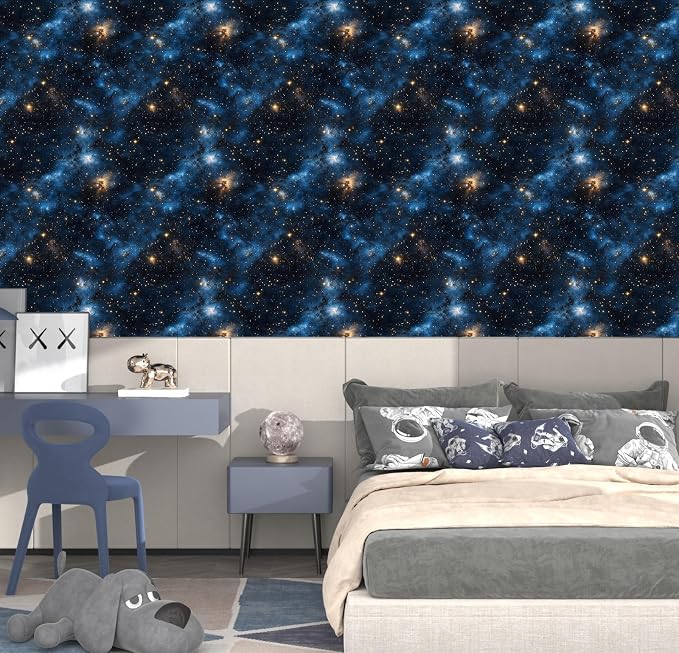 Laatse Dark Starry Sky Wallpaper Peel and Stick 17.5"x 787",Black/Blue | Self Adhesive/Removable/Waterproof/Thick Vinyl Extra Long Contact Paper for Bathroom Bedroom Shelf Cabinet Drawer,Prepasted - Image 2