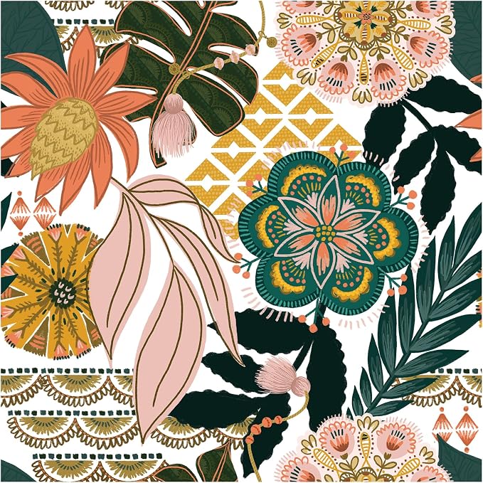 HAOKHOME Peel and Stick Wallpaper Boho Tropical Floral Retro 17.3in x32.8ft | Botanical Banana Leaf Textured Removable Waterproof Renter Friendly Wall Paper White Pink Green Contact Paper for Bathroom by HAOKHOME