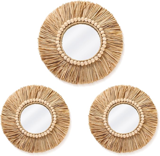 3 Pcs Boho Raffia Round Mirror Wall Hanging Decor with Wood Bead - Image 8