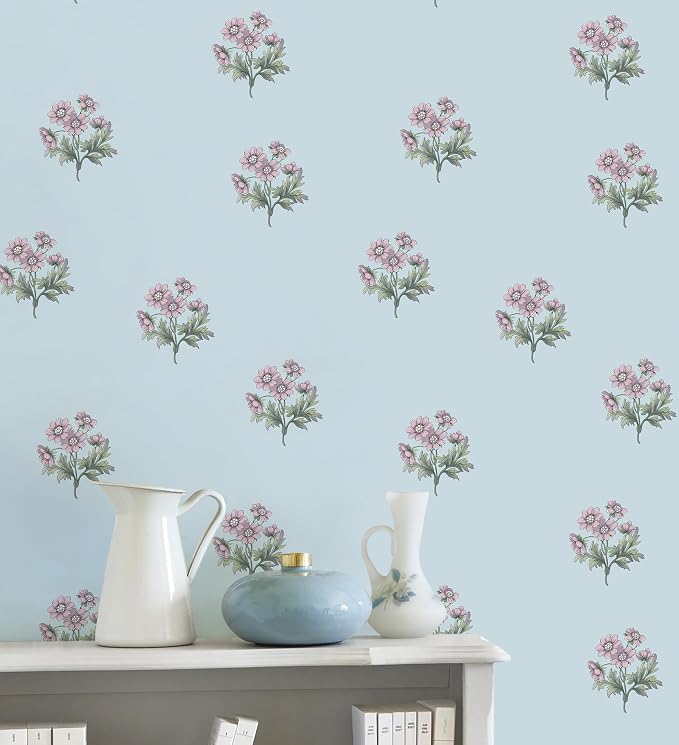 Toduso Peel and Stick Wallpaper Blue Wallpaper with Pink Floral Vintage Contact Paper Flower Removable Self Adhesive Waterproof Wall Paper for Farmhouse Bedroom Bathroom Living Room 17.3" x 78.7" - Image 9