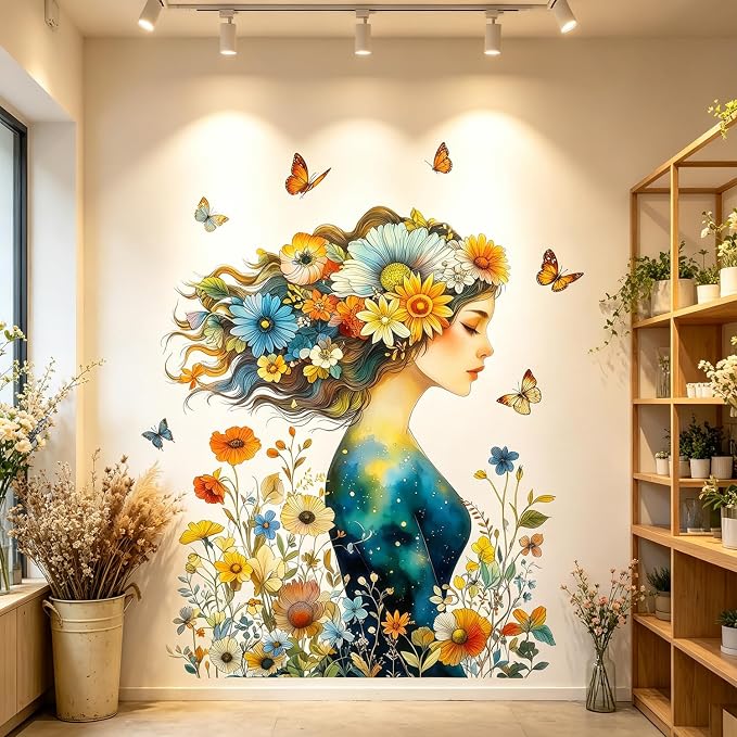 Woman Floral Flower Wall Decals, Boho Botanical Butterfly Wall Stickers | Whimsical botanical colorful butterflies peel and stick wall decor, removable vinyl wall art mural for bedroom living room - Image 3