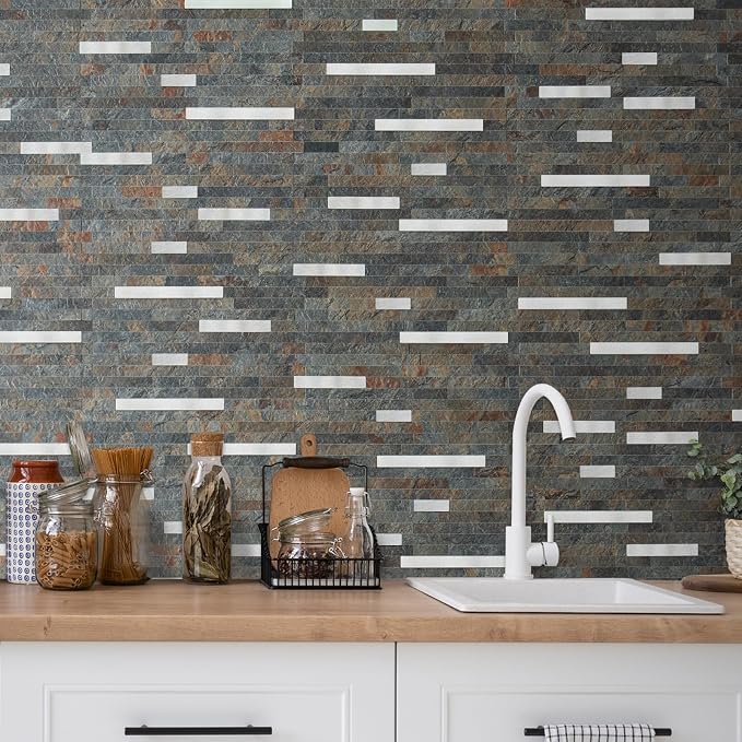 AULIGET 2 Sheets Rust Slate Peel and Stick Backsplash, PVC Mixed Metal Silver Wall Tile Stick on Backsplash for Kitchen and Bathroom - Image 6