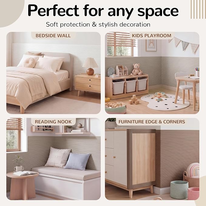 11.8 x 78.7 Inches Wall Padding for Kids, White, Light Gray,Brown, 3 Roll | Anti Collision Wall Padding Padded Wall Panels 3D DIY Headboard for Autism Playroom Nursery Bedroom Living Room Corner Guards - Image 5