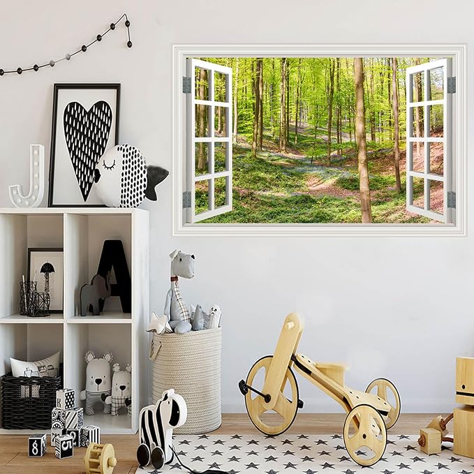 Fake Window Wall Decal- Spring Green Forest Tree Open Wall Art Sticker | Faux Window Grassy Hills & Wildflowers Natural Landscape Mural｜Stick and Peel Wall Decals｜for Room Office Scene Decor｜24"x16" - Image 5