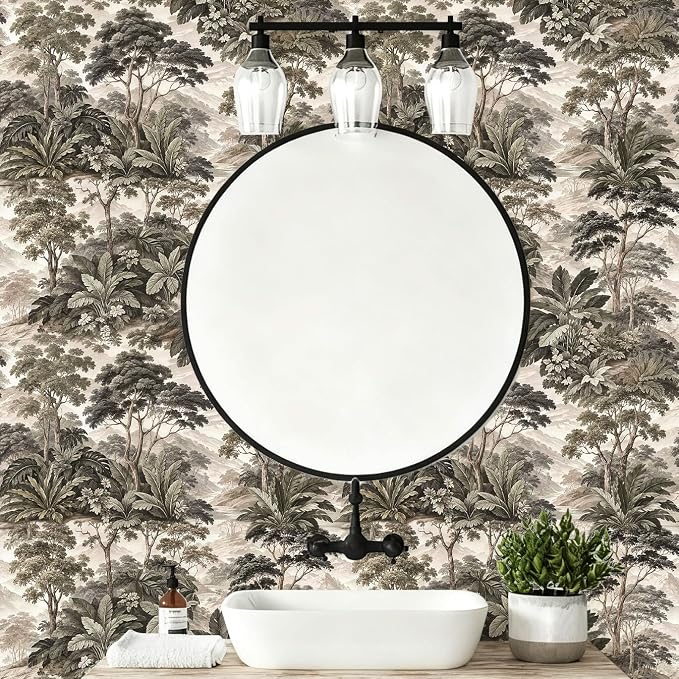 HAOKHOME Vintage Peel and Stick Wallpaper Forest Toile Green for Bathroom | Self Adhesive Removable Landscape Botanical Jungle Wall Paper Textured for Bedroom Accent Wall Contact Paper 17.3in x 6.6ft - Image 5