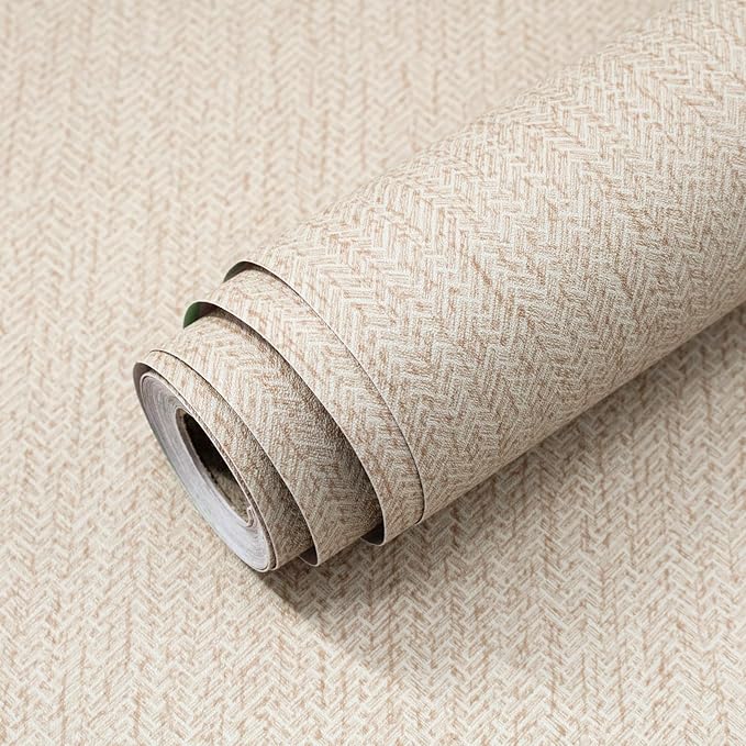 Grasscloth Peel and Stick Wallpaper Beige Contact Paper 16in x 590in | Faux Linen Vintage Wallpaper Textured Removable Wall Paper Grass Cloth Cabinets Bedroom for Cabinet Self Adhesive Vinyl by lenify