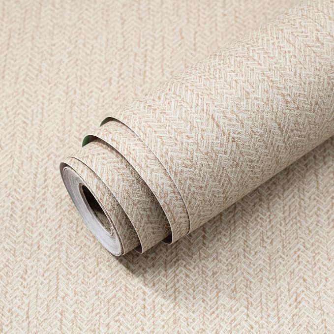 Grasscloth Peel and Stick Wallpaper Beige Contact Paper 16in x 393in | Faux Linen Vintage Wallpaper Textured Removable Wall Paper Grass Cloth Cabinets Bedroom for Cabinet Self Adhesive Vinyl by lenify