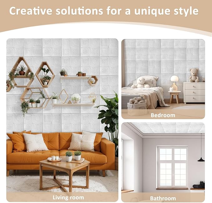 Nuanchu 40 Pcs 13.8 x 13.8 Inch Ceiling Tiles Peel and Stick, Various | Foam White 3D Wall Panels 26-105.5 Sq. ft Adhesive Glue up Waterproof Wallpaper for DIY Office Home - Image 6