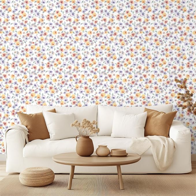 Orange Watercolor Floral Peel and Stick Wallpaper, 17.3" x 118" Soft Pastel Flower Removable Vinyl Wallpaper, Waterproof Self-Adhesive Vintage Floral Contact Paper for Nursery Bedroom Cabinets - Image 7