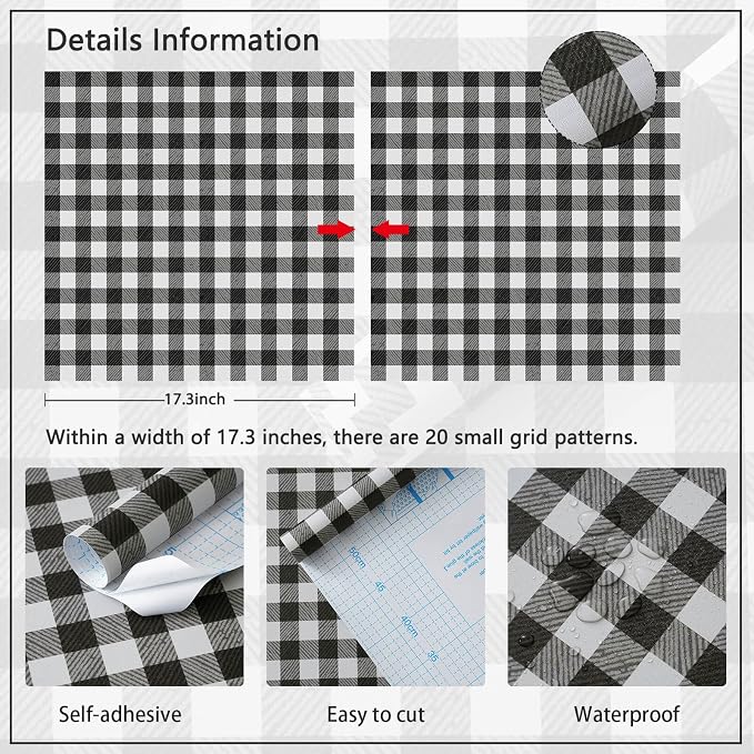 Heroad Modern Peel and Stick Wallpaper Black and White Plaid Contact Paper Mosaic Checkered Wall Paper Self Adhesive Waterproof Vinyl Roll for Bathroom Kitchen Cabinets Removable Decor 17.3"x78.7" - Image 2