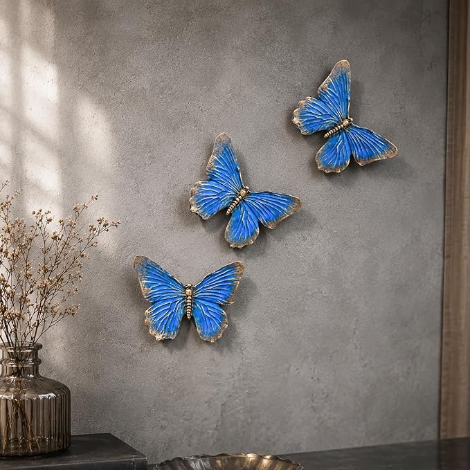 GUSFREUD 3D Butterfly Wall Decor Set – Resin Wall Decor for Living Room, Bedroom, Bathroom, Dining Room, Outdoor and Gallery Walls - Antique Blue - Set of 3 - Image 7