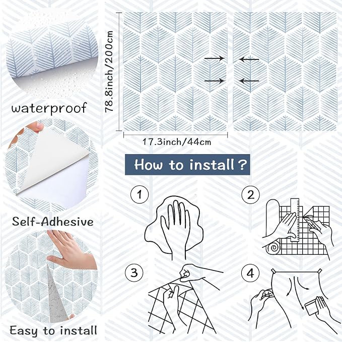OSECAGE Geometric Peel and Stick Wallpaper Blue Contact Paper 17.3''×78.8'' | Modern Geometric Wallpaper Self Adhesive Removable Boho Wall Paper Waterproof for Bedroom Bathroom Cabinets Decor Vinyl Roll - Image 3