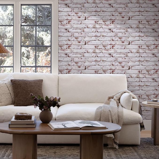 COMSTICKC 3D Faux Brick Wall Panels Peel and Stick Decorative Tiles Sticker | Red-Tinted White, 12 Pcs 22.8" x 11.8", Not Real Brick, Thin PVC Fake Brick Wall Covering for Wall Makeover,Cover 22.48 sq ft - Image 2