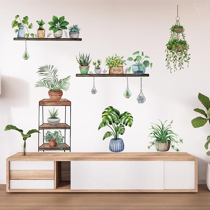 3D Hanging Potted Green Plant Shelf Wall Decals - Peel and Stick, Tropical Succulent and Floral Wall Stickers, Removable, Nature Wall Art Mural - for Living Room, Kitchen, Office, and Home Decor - Image 4